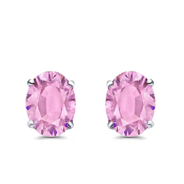 Art Deco Oval Wedding Bridal Solitaire Stud Earrings Simulated Pink CZ 925 Sterling Silver-7mmx5mm